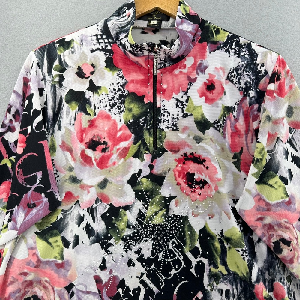 VTG Jackets Galore Floral Embellished Quarter Zip Top L Rhinestones Flowercore